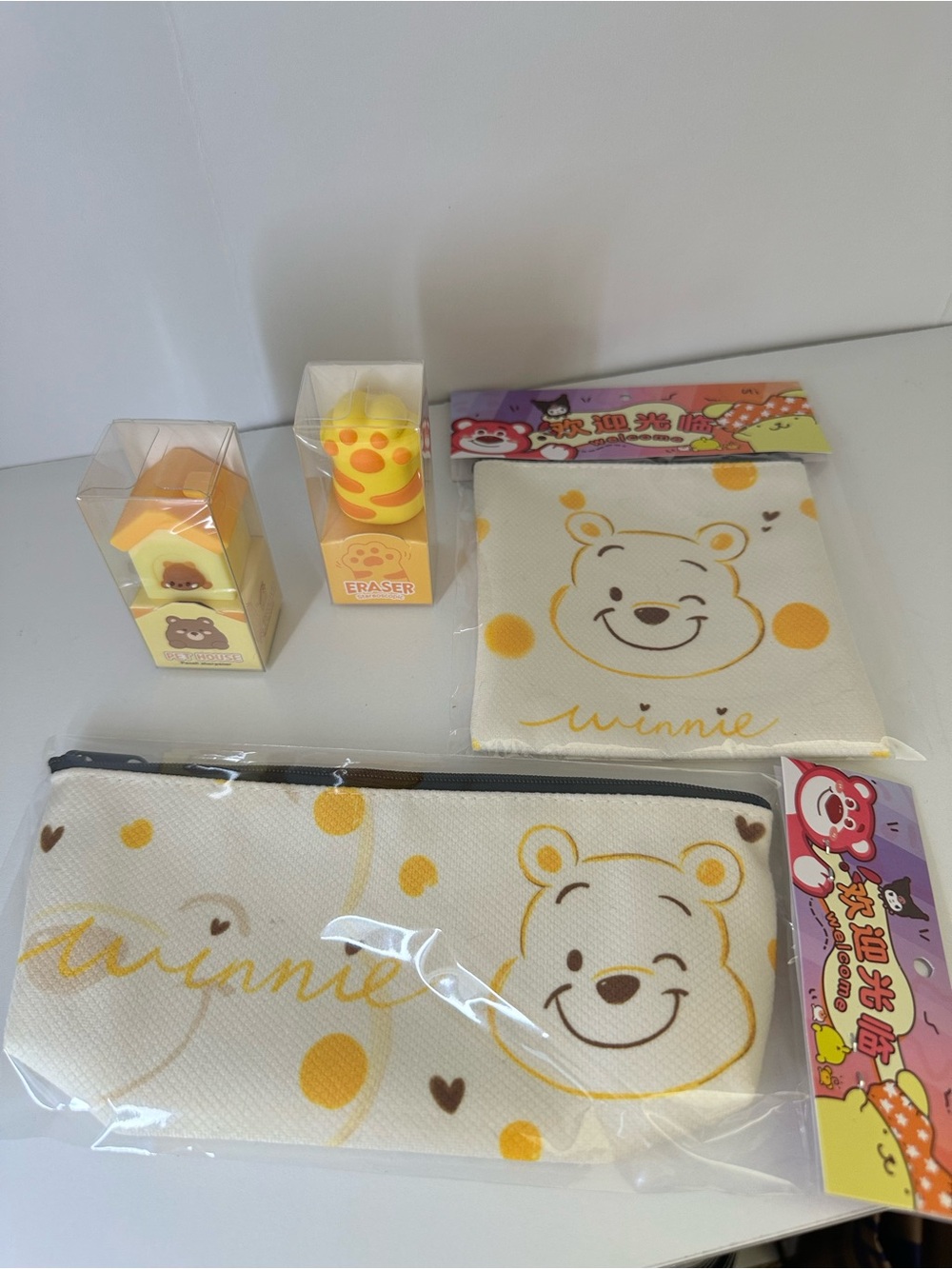 Winnie Bear Yellow Polka Dot Pencil Case & Pouch Set